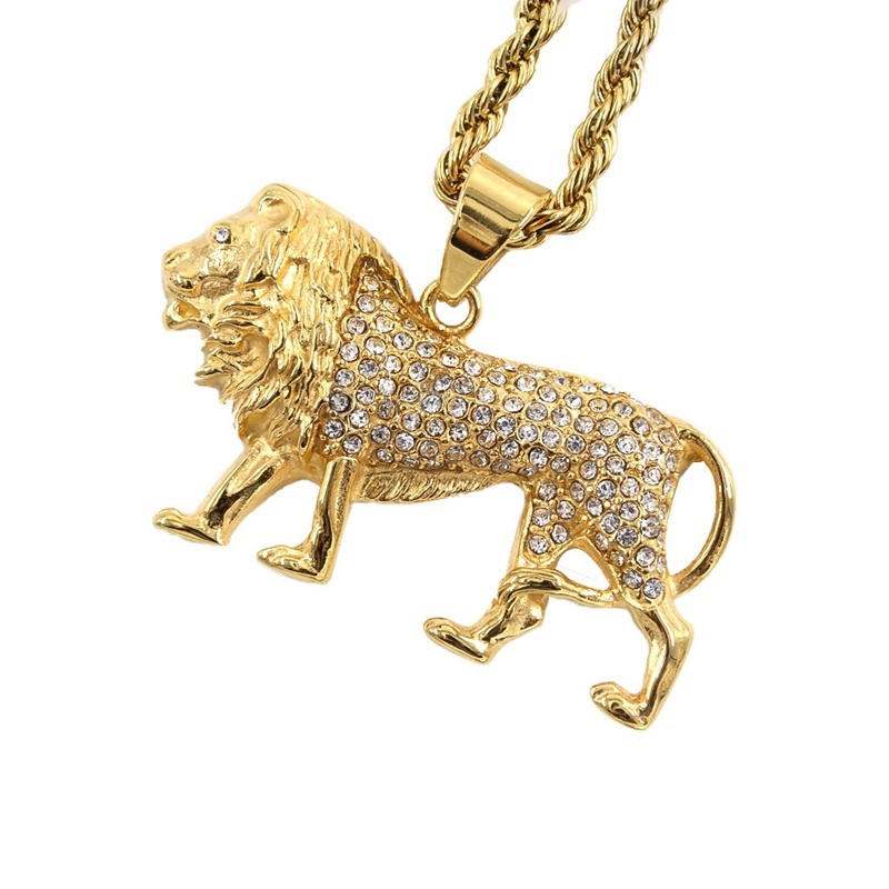 Men Accessories Singapore - สร้อยคอจี้รูปสิงโตประดับคริสตัลสไตล์ฮิปฮอป พร้อมจี้รูปสัตว์ เครื่องประดับโลหะสไตล์ฮิปปี้สำหรับผู้ชาย ชุดเครื่องประดับ