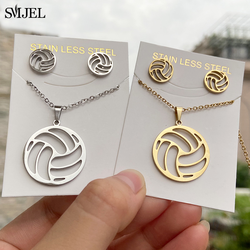 Men'S Volleyball Accessories - ชุดเครื่องประดับวอลเลย์บอลสแตนเลสสำหรับผู้หญิงแบบมินิมอลสร้อยคอทรงลูกบอลต่างหูสามเหลี่ยมของขวัญของสโมสร