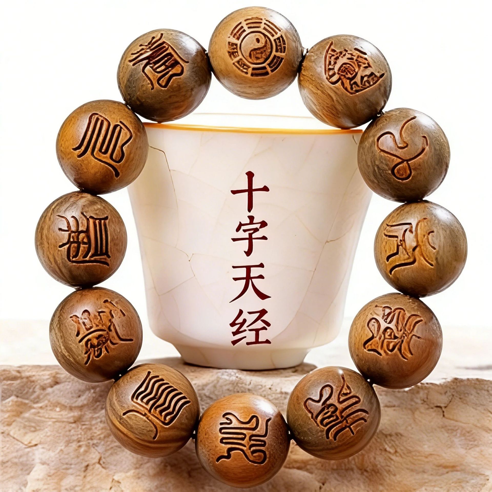 Bracelet Beaded Men - กำไลข้อมือไม้จันทน์เขียวแกะสลักลายมงคล 9 คำมนต์ 12 สัญลักษณ์ลับ ประดับด้วยลูกปัดไม้ธรรมชาติ