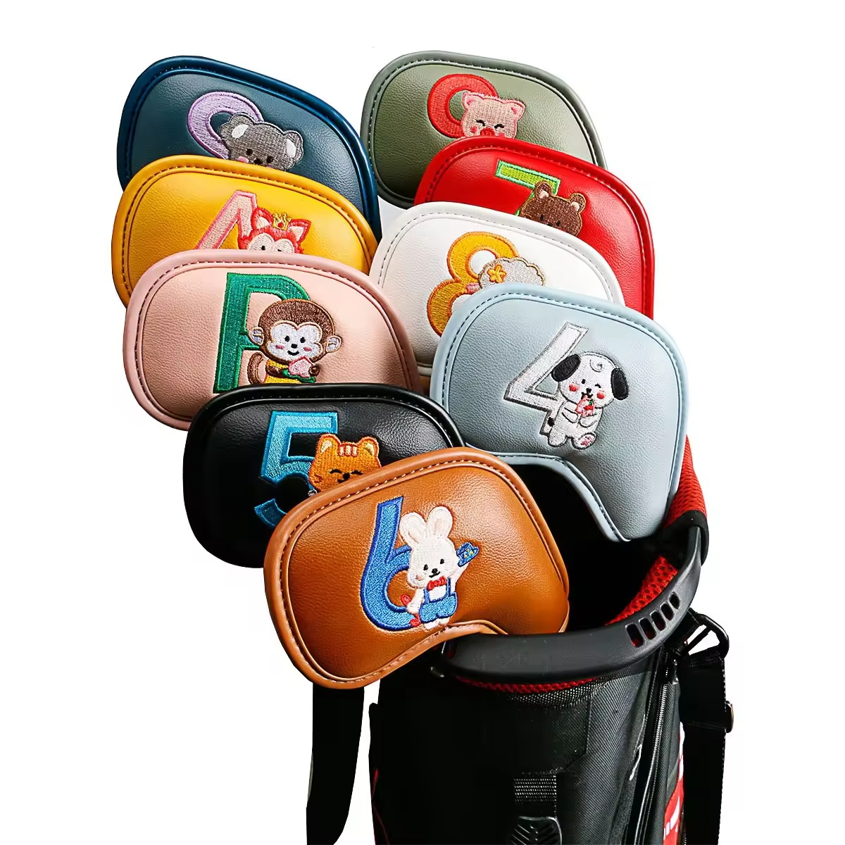 Men Accessories For Gift - ชุดคลุมหัวไม้กอล์ฟลายการ์ตูนสัตว์น่ารัก 9 ชิ้น, วัสดุหนัง PU ปักลาย,